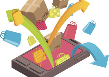 Vector illustration, visualization of online shopping via mobile phone. EPS8 format. Ai, cdr, hi-res jpg and hi resolution png with transparent background included.