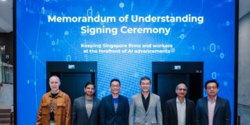 : (From left) Temus’ executives Matt Johnson, MD Data and AI; Srijay Ghosh, founding member and chief revenue officer; and KC Yeoh, CEO; as well as IMDA chief executive Lew Chuen Hong;  Prof. Mohan Kankanhalli, deputy executive chairman, AISG; and, Laurence Liew, director of AI Innovation, AISG.