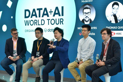 Panel discussion at the Data + AI World Tour Hong Kong. (L-R) Nick Eayrs, VP, Field Engineering, APJ, Databricks; Thomas Qian, wholesale chief data science architect & analytical platform lead, HSBC; Jack Ng, director of technology, Lane Crawford Joyce Group; Tony Chan, senior data science manager, Octopus Card; and, Michael Camarri, head of data science, APAC, Cognizant.
