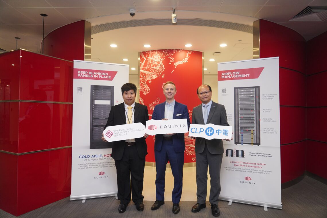 From left to right: Dr. Oscar Chan, Research Assistant Professor, The Hong Kong Polytechnic University; Max Parry, Interim Managing Director, Hong Kong, Equinix; Dr Anthony Lo, Director of Customer Success and Sales, CLP Power Hong Kong Limited