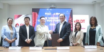 Manila Broadcasting Company strengthened its partnership with PLDT Enterprise with a new deal that would enhance the radio network’s business efficiency and network security, utilizing the cloud-based Google Workspace powered by ePLDT. Present during the contract signing are (from left) Jackie Ang-Santos, PLDT Enterprise CRM Head of IT and Platforms; John Gonzalez, ePLDT Chief Commercial Officer; Albert Villa-Real, PLDT Global President and CEO and PLDT Enterprise Revenue Group Head; Ruperto Nicdao, Manila Broadcasting Company President; Sasha Elizalde-Del Rosario, Manila Broadcasting Company AVP of Digital Media; and Atty. Rhina Seco, Manila Broadcasting Company Legal Counsel.