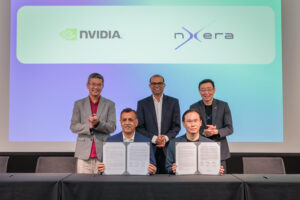 MOU signing on supporting national and regional AI development. (Back row, from left to right): Mr Lew Chuen Hong, Chief Executive Officer of the Infocomm Media Development Authority (IMDA); Dr Janil Puthucheary, Senior Minister of State, Ministry of Communications and Information; Mr Bill Chang, CEO of Nxera and Singtel's Digital InfraCo unit. (Front row, from left to right): Mr Ronnie Vasishta, SVP Telecom, NVIDIA; Mr Lee Yoong Kin, Vice President of Products & Platform, Nxera.