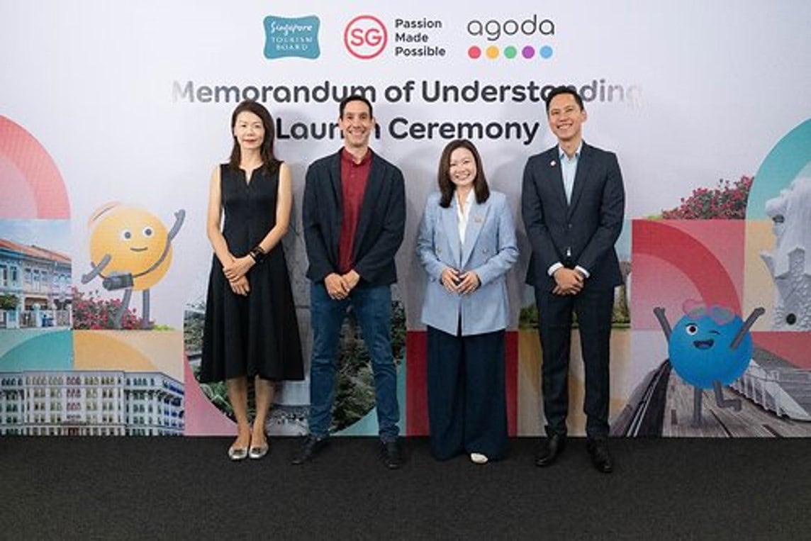 From left to right: Jun Dong, Agoda Vice President, Omri Morgenshtern, Agoda chief executive officer, Melissa Ow, STB chief executive, and Terrence Voon, STB executive director, Southeast Asia, at the MOU launch ceremony on 13 August.